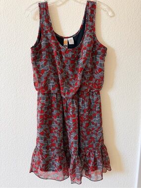 Mimi Chica Red and Black Geometric Sleeveless Dress with Cute Belt (Size M)